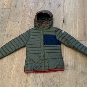 Burton Olive Puffer Jacket with Red and Navy Accents